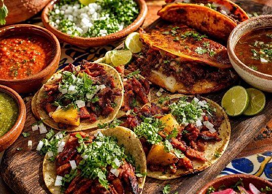 Overhead shot of street tacos topped with onion and cilantro, with lime wedges and salsas on a wooden table